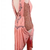 Joni Latin dress — 3/4 view — draped asymmetrical skirt with nude mesh side panel and crystal embellishment