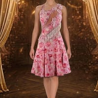 Radiant Tempo Latin Dress – in mannequin – pink rose print with crystal fringe bodice and asymmetrical cut-out detail