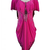 Zera Latin dress — on mannequin — display view showing the unique central drape and crystal embellishment