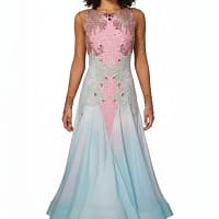 Cari ballroom gown — front view — Standard/Smooth gown in ombre from delicate white to rich light blue, featuring a sheer mesh bodice with diagonal rows of silver and AB crystal stoning.