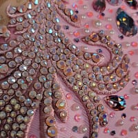 Cari ballroom gown — stonework close-up — Macro detail of the high-quality AB (Aurora Borealis) rhinestones in various sizes applied in tight rows to catch the light.
