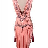 Joni Latin dress — back view — deep V-back design framed by crystal detailing and draped fabric