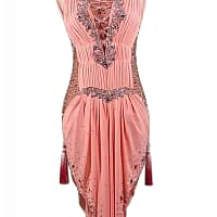 Joni Latin dress — bodice detail — close-up of pleated bust, crystal V-neck trim, and central lace-up detail