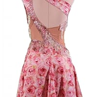 Usha Latin Dress – back view – open back with diagonal strap, rose-pattern skirt and sparkling crystal waistband
