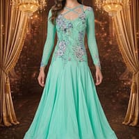 Ocean Whisper ballroom dress — front view — long-sleeve, mint green Standard dress featuring a stunning crystal criss-cross neckline and floral appliqué on the bodice.