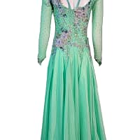 Rain ballroom dress — back view — full-length, light green gown with an open V-back and shoulder straps made of crystal chains.