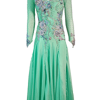 Rain ballroom dress — front view — long-sleeve, mint green Standard dress featuring a stunning crystal criss-cross neckline and floral appliqué on the bodice.