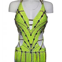 Sunshine Latin dress — on mannequin — display view showing the halter neck and full crystal coverage