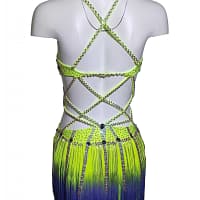 Sunshine Latin dress — back view — open back with horizontal and diagonal crystal straps