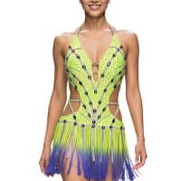 Sunshine Latin dress — front view — neon yellow halter with cutouts and purple ombre fringe skirt
