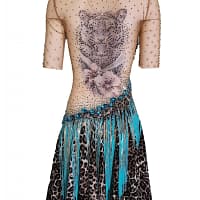 Tiger Latin Dress — back view — mannequin displaying a striking tiger head tattoo appliqué on sheer nude mesh and asymmetric skirt