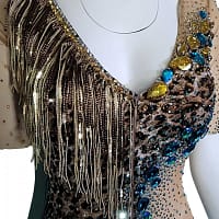 Tiger Latin Dress — bodice detail — close-up of the V-neck showing brown and gold micro sequin fringe over leopard print and large yellow and blue crystals
