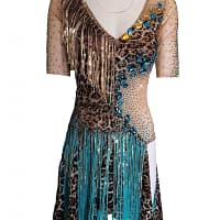 Tiger Latin Dress — in mannequin — front view of leopard print dress with nude mesh, gold fringe at the V-neck, and large blue stonework