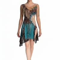 Tiger Latin Dress — front wholebody — model in asymmetric leopard print skirt with flowing turquoise and gold micro sequin fringe