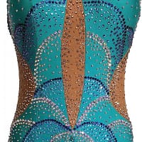 Undina Latin Dress — bodice detail — close-up of teal fabric showing layered blue, turquoise, and AB crystal work over nude mesh