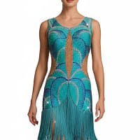Undina Latin Dress — front view — model in teal Latin fringe dress with elaborate blue and AB crystal pattern