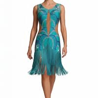 Undina Latin Dress — front view wholebody — model in teal fringe dress showing the flowing crystal design and movement of the skirt