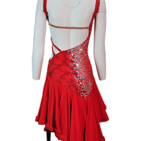 Nala Latin Dress — back view — mannequin displaying a low scoop back, intricate crystal pattern, and a flowing tail detail