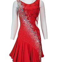 Nala Latin Dress — in mannequin — front view of a red dress with high neck, side cutouts, and a diagonal crystal design