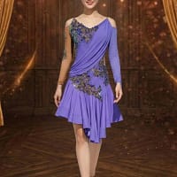 Lavender Rhythm Latin Dress — front view — model in lavender dress with cold-shoulder design, asymmetrical draping, and sparkling multi-crystal appliqué