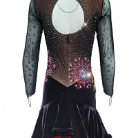 Fawn Latin Dress — back view — mannequin displaying a large circular keyhole opening, full-coverage sheer sleeves, and a red lace underskirt