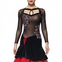 Fawn Latin Dress — front view — model in black velvet and mesh dress with red lace hem and keyhole neckline