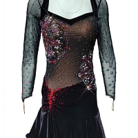 Fawn Latin Dress — front view — mannequin in black velvet and mesh dress showing the square neckline and multi-colored crystal stoning