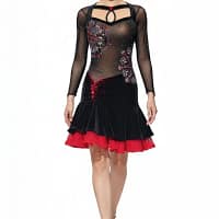 Fawn Latin Dress — front view whole body — black Latin dress with long mesh sleeves and deep red lace ruffles