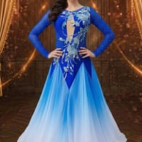 Azure Tempo ballroom gown — front view — royal blue Standard dress with an illusion deep-V neckline and detailed silver appliqué extending down the bodice.