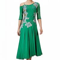 Carmen Latin dress — front view — Bright emerald green Latin dress with three-quarter length sheer sleeves, an off-the-shoulder strap detail, and a heavily stoned bodice with flowing white and blue floral appliqués.