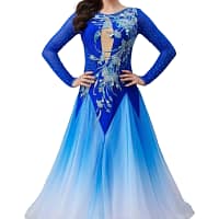 Zinnia ballroom gown — front view — royal blue Standard dress with an illusion deep-V neckline and detailed silver appliqué extending down the bodice.