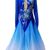 Zinnia ballroom gown — front view on mannequin — detailed crystal appliqué and sheer illusion neckline