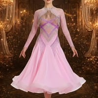 Blush Momentum ballroom gown — front view — Long-sleeved, pale pink Standard gown with a sheer mesh yoke, detailed geometric stoning in purple and AB crystals, and silver beaded fringe across the chest and shoulders.