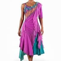 Bonel Latin Dress — front view — model in teal and lavender ruffled Latin dress with silver crystal accents