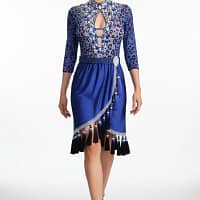 Pala Latin Dress — front view whole body — Deep blue Latin dress with a high collar, keyhole neckline, and a bodice featuring a blue leopard print over nude mesh, heavily accented with white and blue crystals.