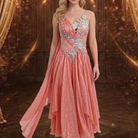 Rose Veil Ballroom Dress — front view — coral ballroom gown with floral applique and crystal embellishment