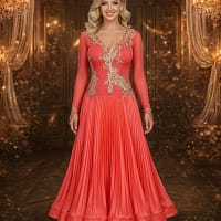 Ruby Majesty ballroom gown — front view — vibrant red bodice with gold appliqué and crystal embellishment
