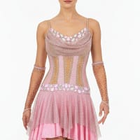 Seraphina Latin dress front view — blush pink gown with crystal mesh overlay and intricate rhinestone patterns.