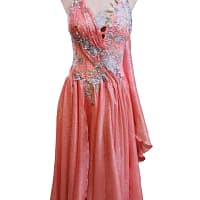Ziva Ballroom Dress — front view — coral ballroom gown with floral applique and crystal embellishment