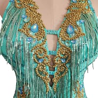 Ashcroft Latin Dress - bodice detail - Gold appliqué and teal fringe, with central keyhole cutout and crystals.