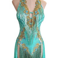 Ashcroft Latin dress - front view - Teal halter, gold lace applique, and heavy fringe detailing.