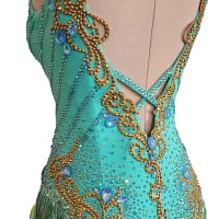 Ashcroft Latin Dress - Close-up side view of the teal Latin dress. Shows gold beaded scrollwork and criss-cross lower back detail.