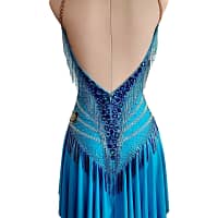 Carla Latin dress — back view — low scoop back, beaded fringe V-detail, and crystal shoulder straps.