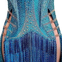 Carla Latin dress — bodice detail - close-up of waist and hip cutouts with strappy accents and dense blue crystal stoning.