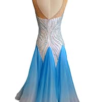 Cyra Ballroom gown. - back view - Deep V-back, crystal bodice, full blue ombre skirt volume.
