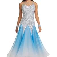 Cyra Ballroom dress. White bodice with swirling pearls and rhinestones. Blue ombre chiffon skirt.