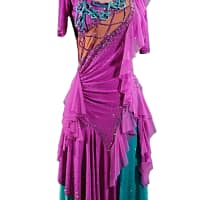 Bonel Latin Dress — front view on mannequin — pleated teal and lavender dress with ruffled skirt panels