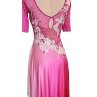 Gia Latin dress — back view — deep V-back with keyhole opening, accented by silver floral appliqué and rhinestone detailing on pink mesh.