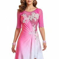 Gia Latin dress - front view - showcasing pink fabric with intricate silver floral appliqué and rhinestone embellishments.