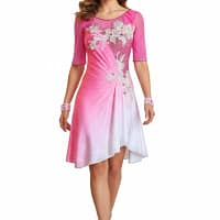 Gia Latin dress in vibrant pink, featuring silver floral appliqué and rhinestone accents